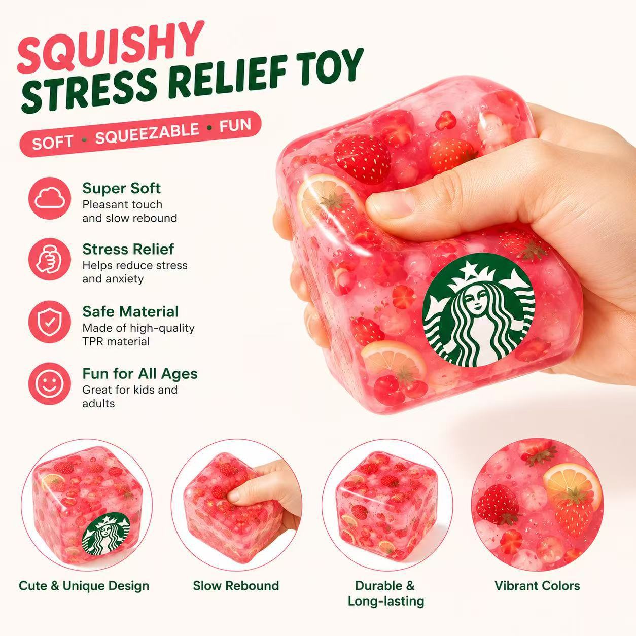 Strawberry Fruit Squishy Cube Sensory Toy